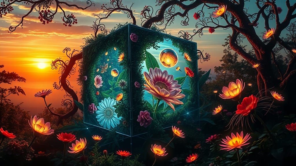 Dreamlike Cubes in Whimsical, Surrealist Landscape