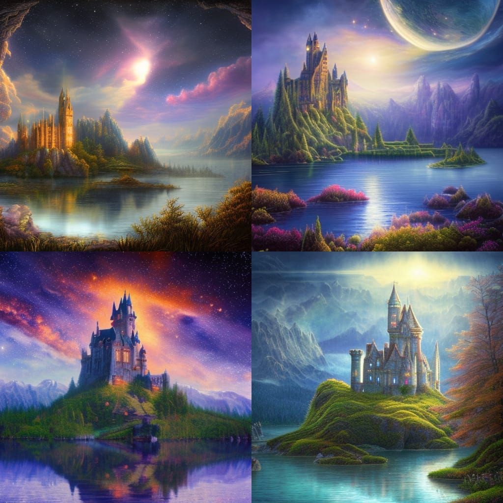 Fantasy Castle in Lake Under Cosmic Sky