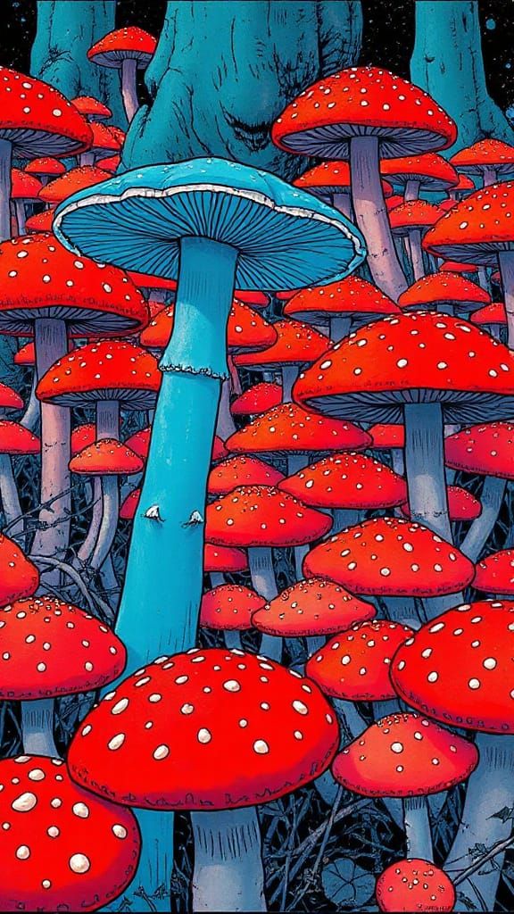 Abstract Dreamscape: Blue Fungi Among Red, Comic Book Style
