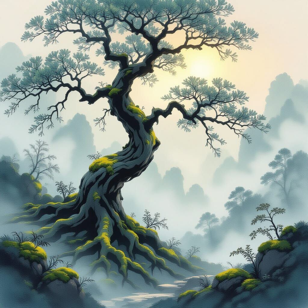 Ancient Gnarled Tree in Misty Ethereal Forest, Sumi-e Style