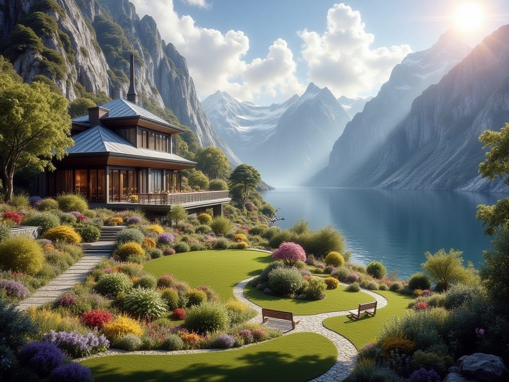 Majestic Fjord Mansion Reflecting Mountains in Sunlight