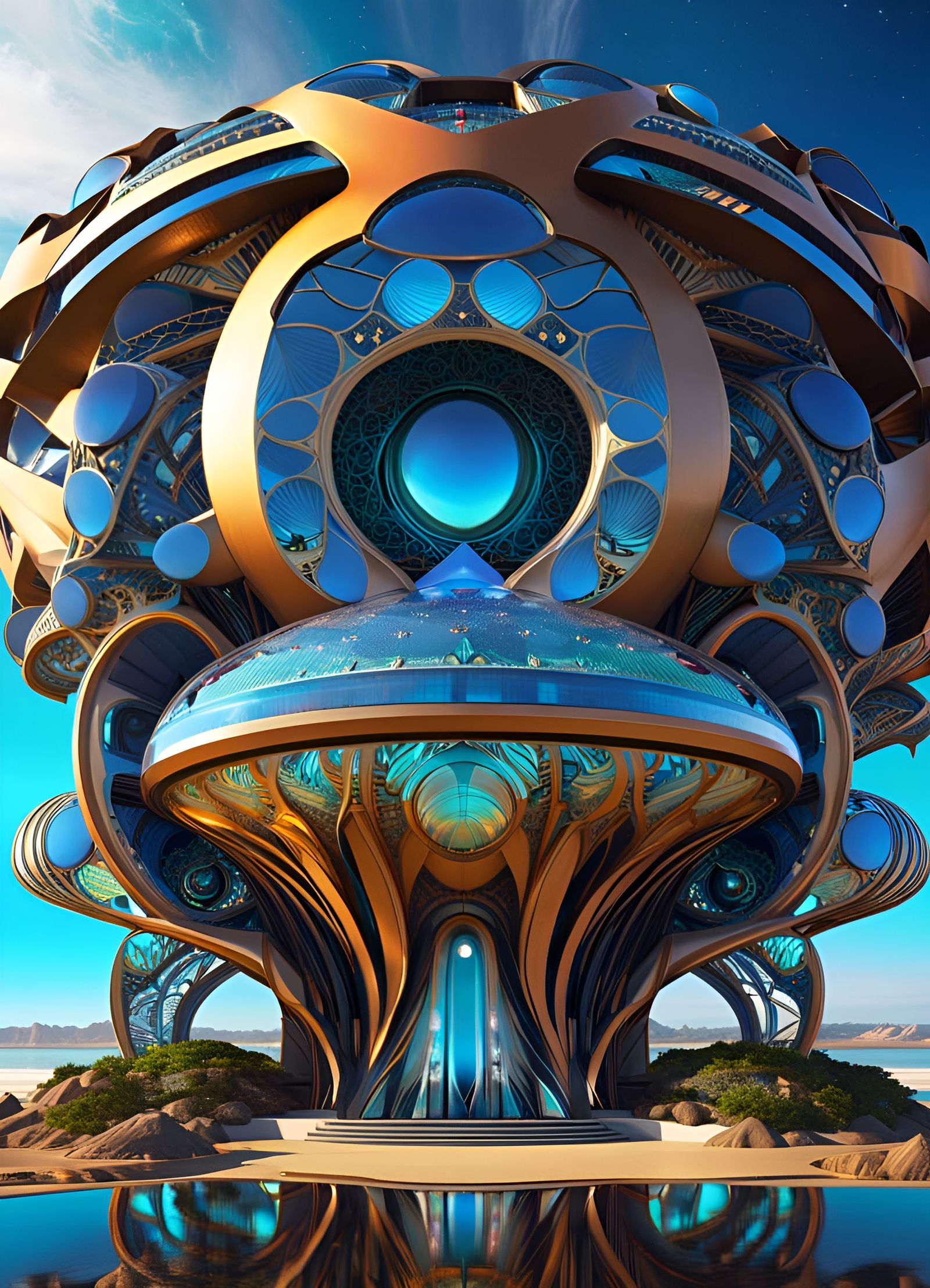 Celestialpunk Arcology on the Shore in Cyberfuturism Style