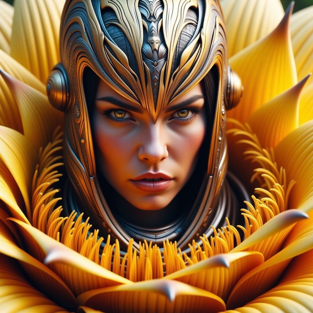 Cleopatra in Gold Exosuit with Digital Hieroglyphs