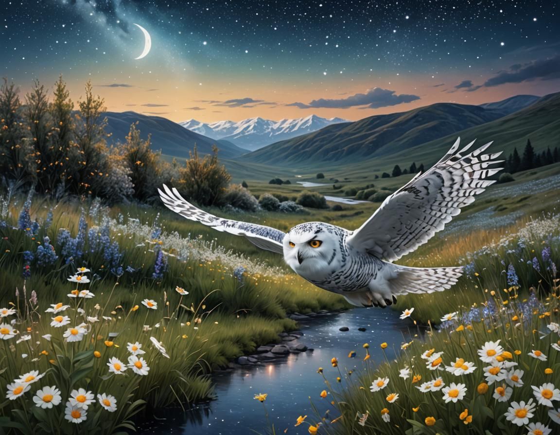 Snowy Owl Flight Over Wildflower Meadow