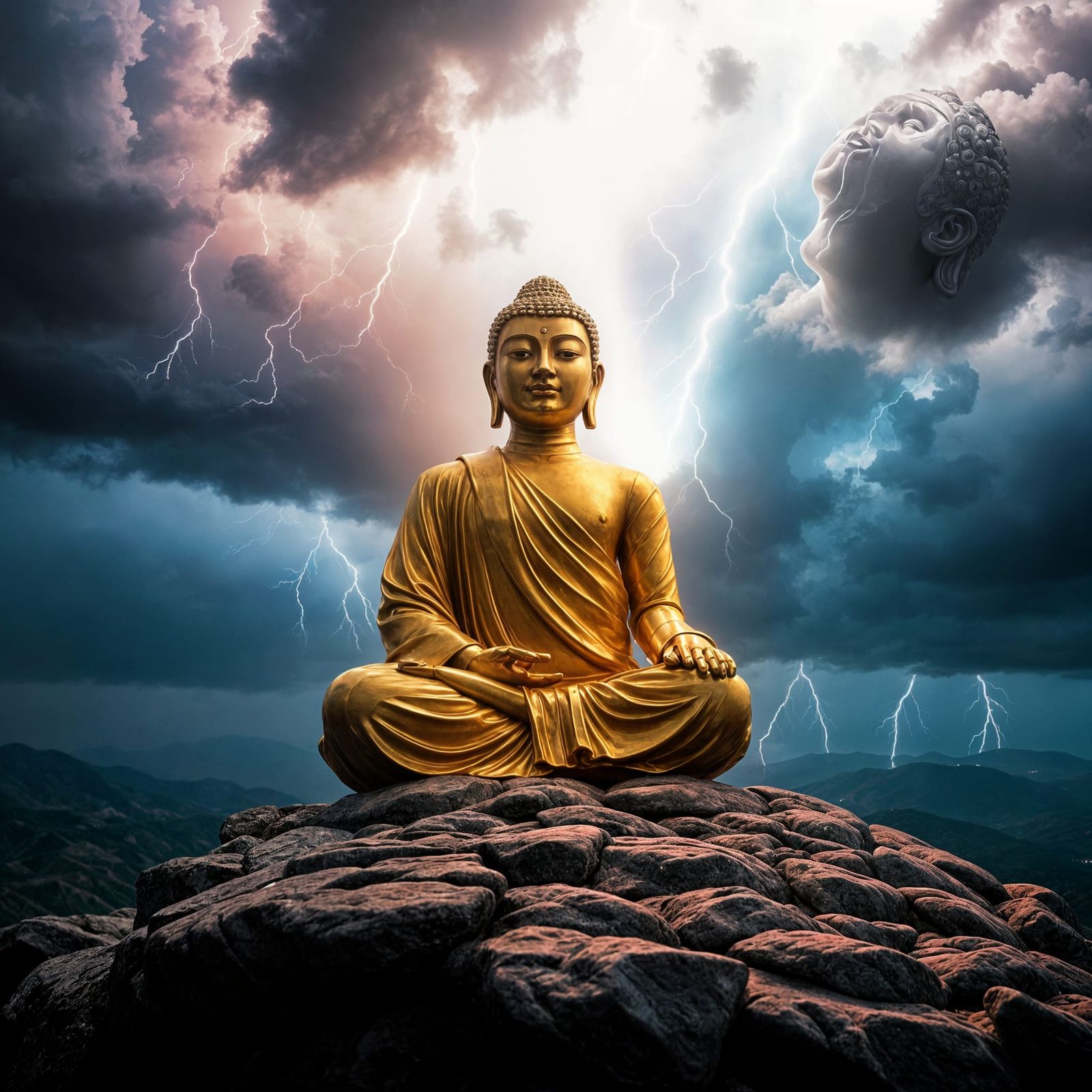 Iridescent Buddha Meditates During Lightning Storm