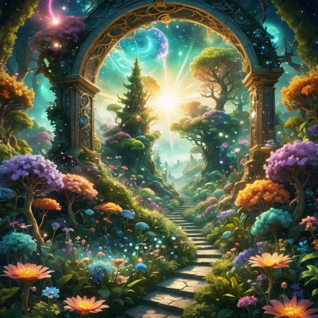 Lush Cosmic Garden with Iridescent Flora
