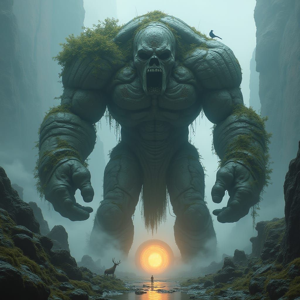 Stone Golem Guarding Portal in Matte Painting Style