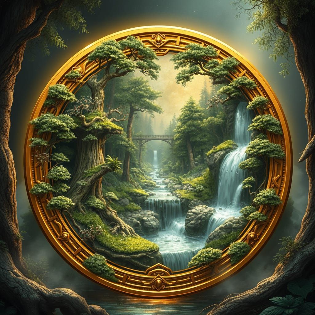 Golden Coin with Forest Landscape, Dreamlike Scene