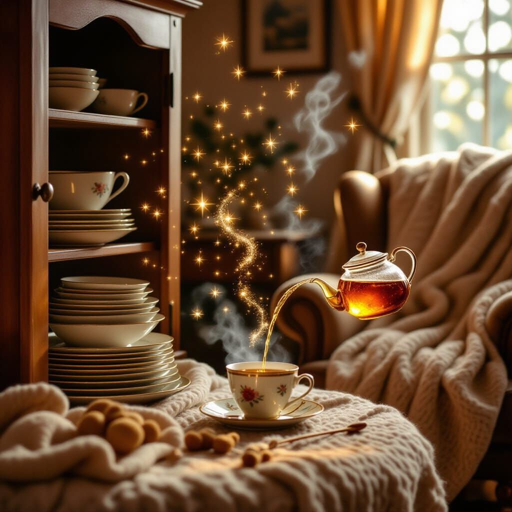 Enchanted Home Scene with Magical Chores in Cinematic Style