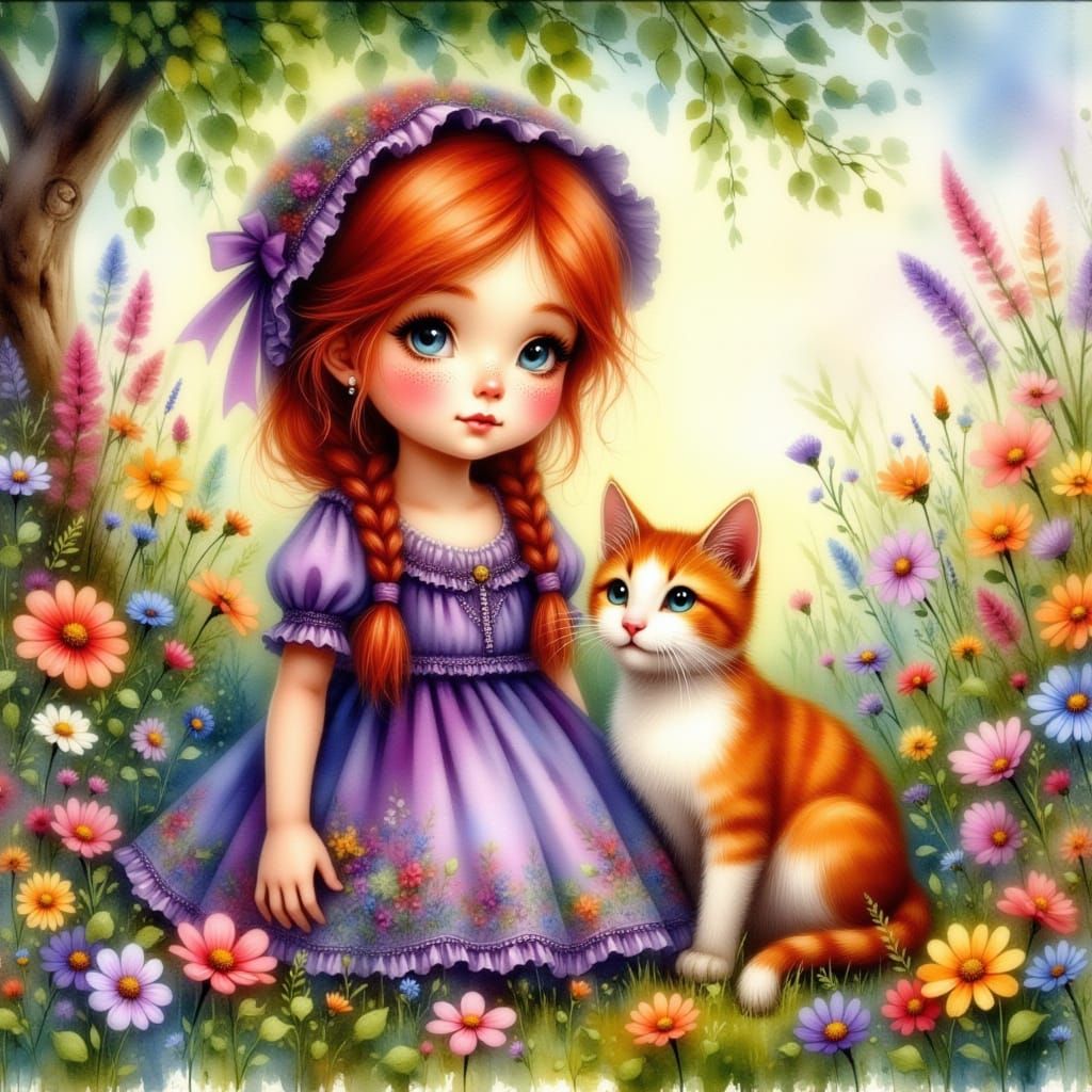 Girl with Cat in Flower Field, Impasto Oil Painting