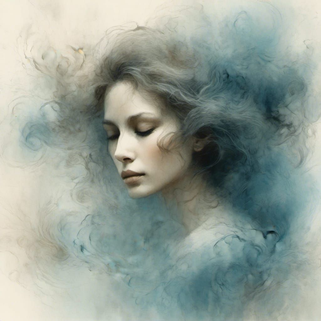 Ethereal Woman in Smoke, Delicate Ink Wash Portrait