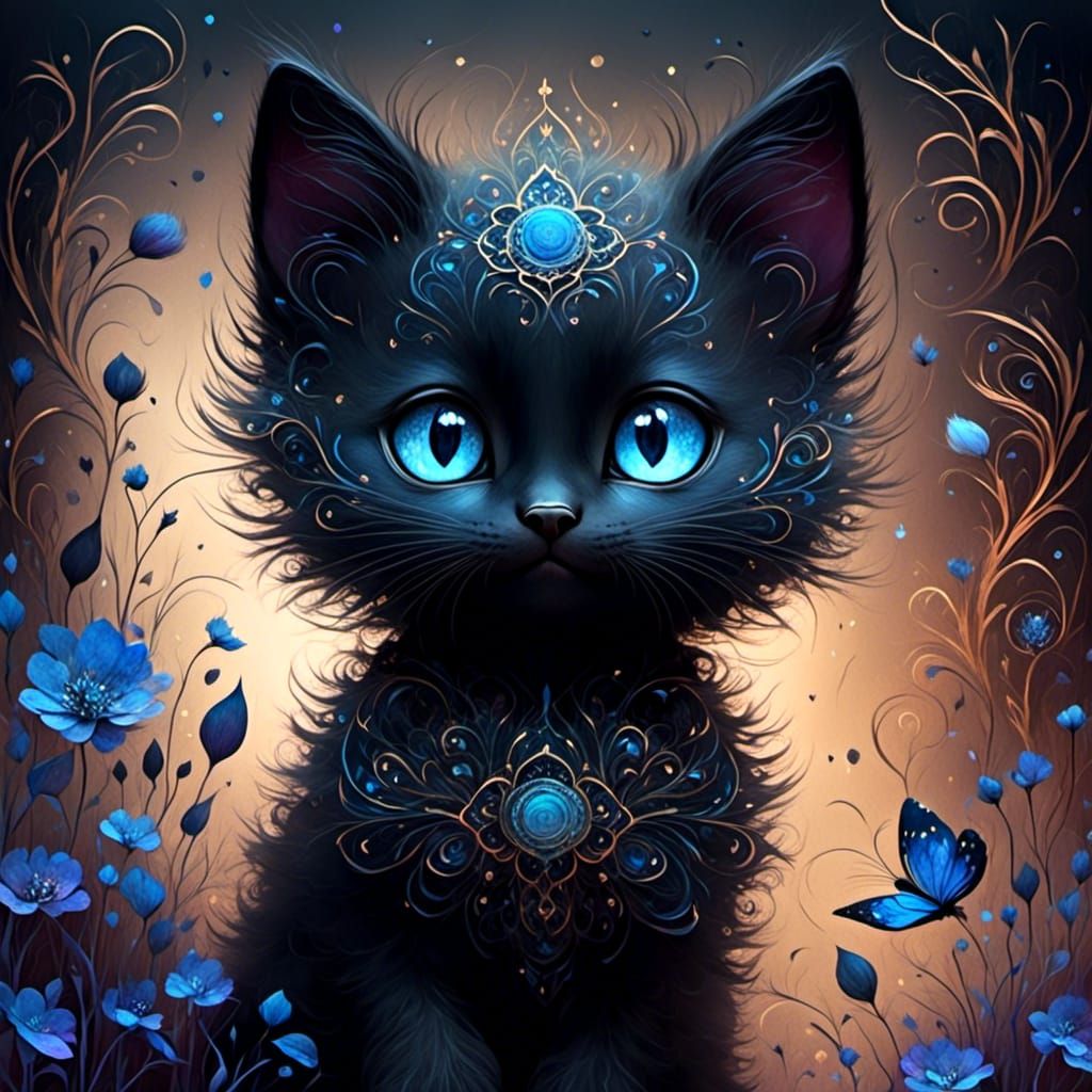 Adorable Black Kitten with Blue Eyes: Digital Art