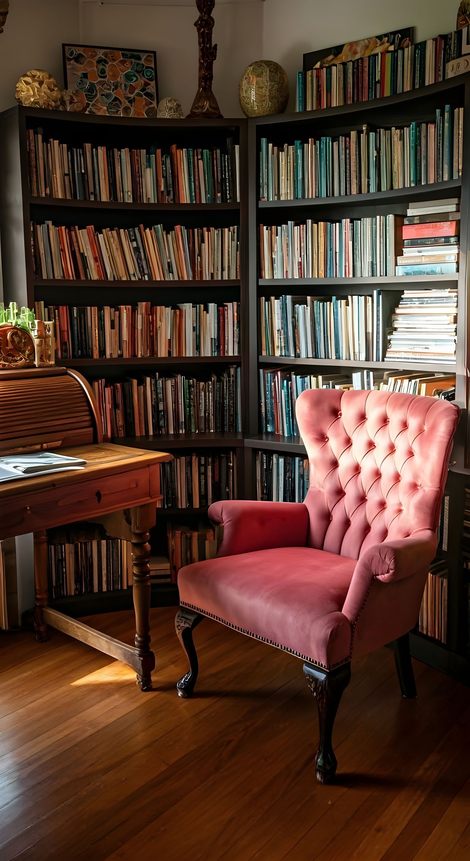 Cozy Library Sanctuary with Spacious Bookshelves and Warm Su...