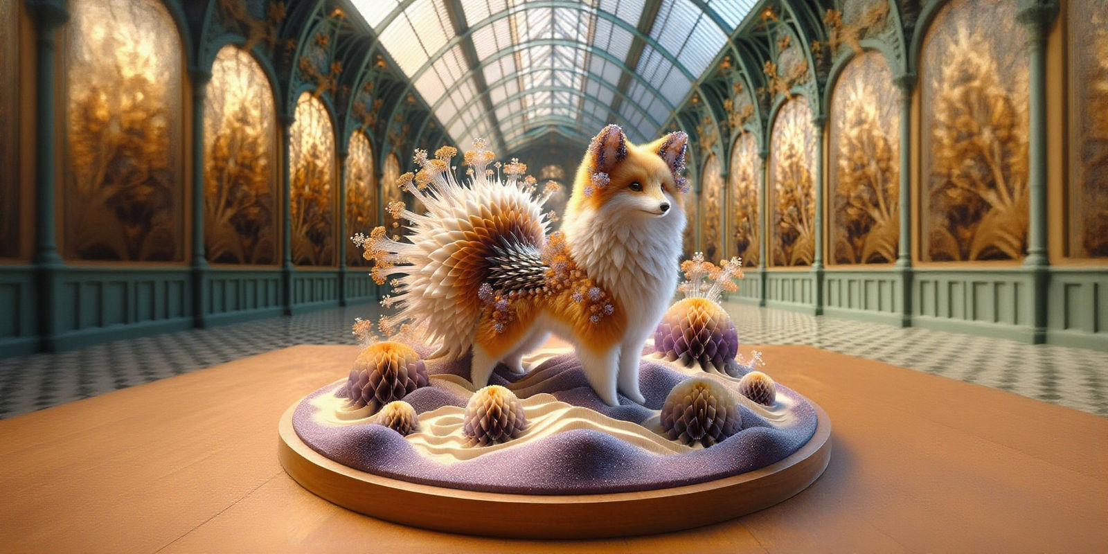 Ethereal Collie Kitsune Deity on Lavender Dunes in a High-Ce...