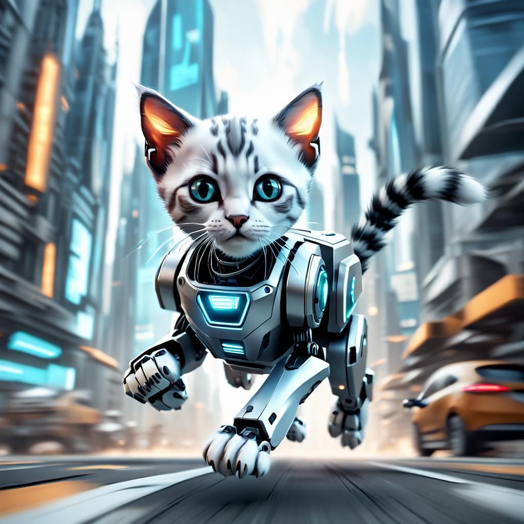 Cyberpunk Robot Kitten Runs Through Future City
