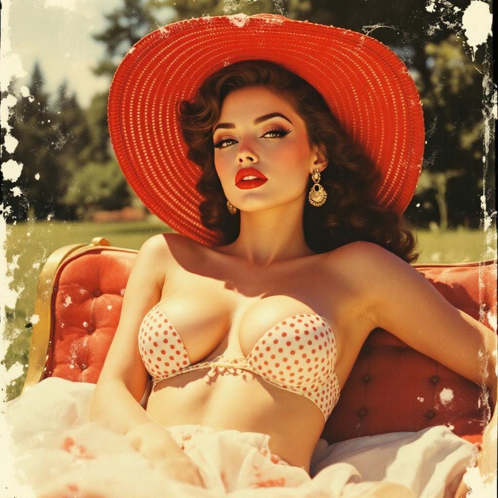 Pin-Up Housewife in Park with Polaroid and Watercolor Effect...