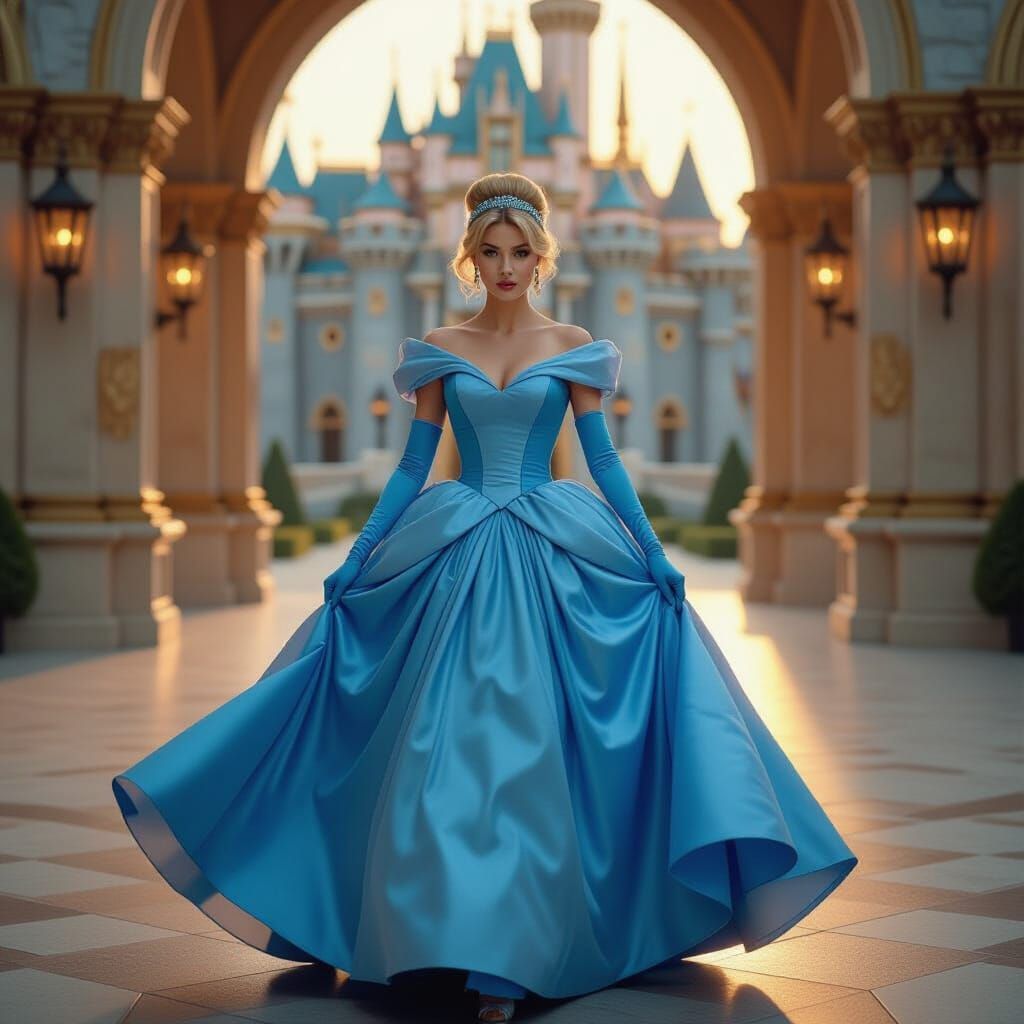 Cinderella in Sapphire Gown Enters Golden Castle
