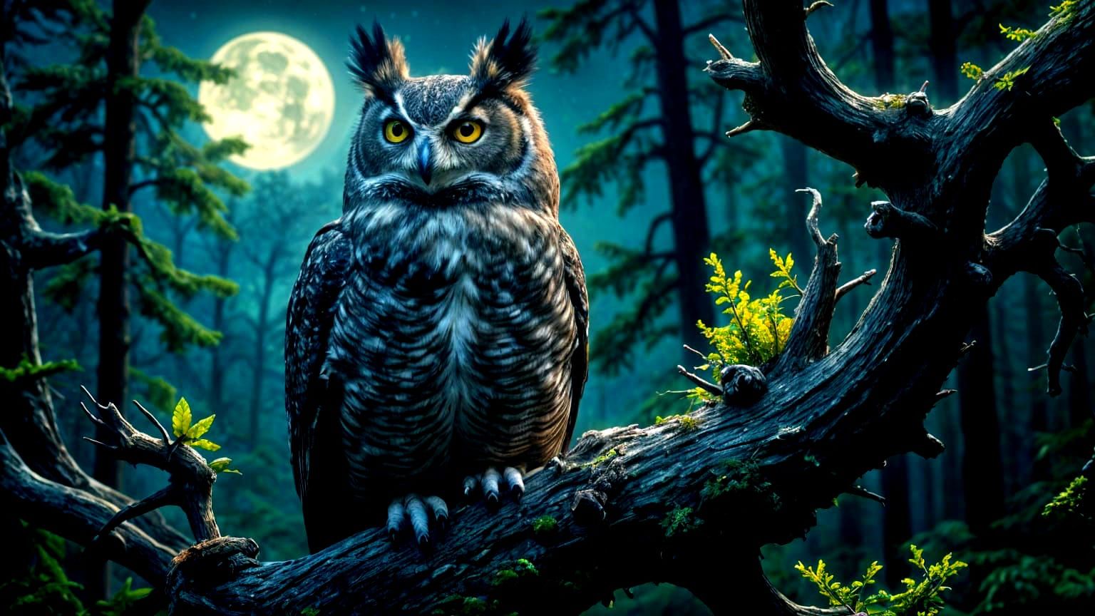 A Great Horned Owl sitting on a tree branch.