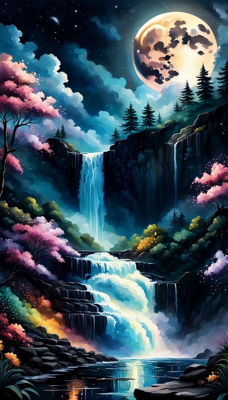 Magical Moonlit Waterfall Painting with Blooming Clouds