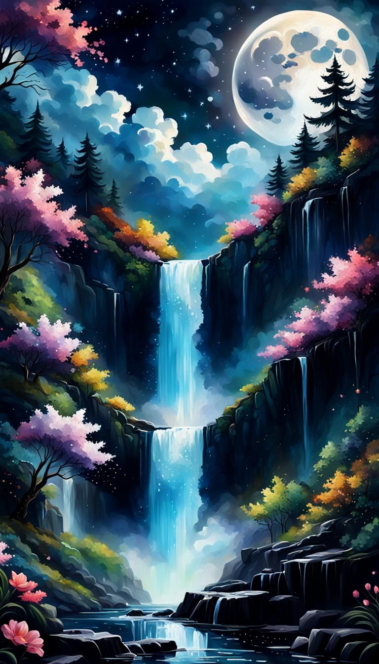 Magical Night Waterfall Painting with Blooming Clouds