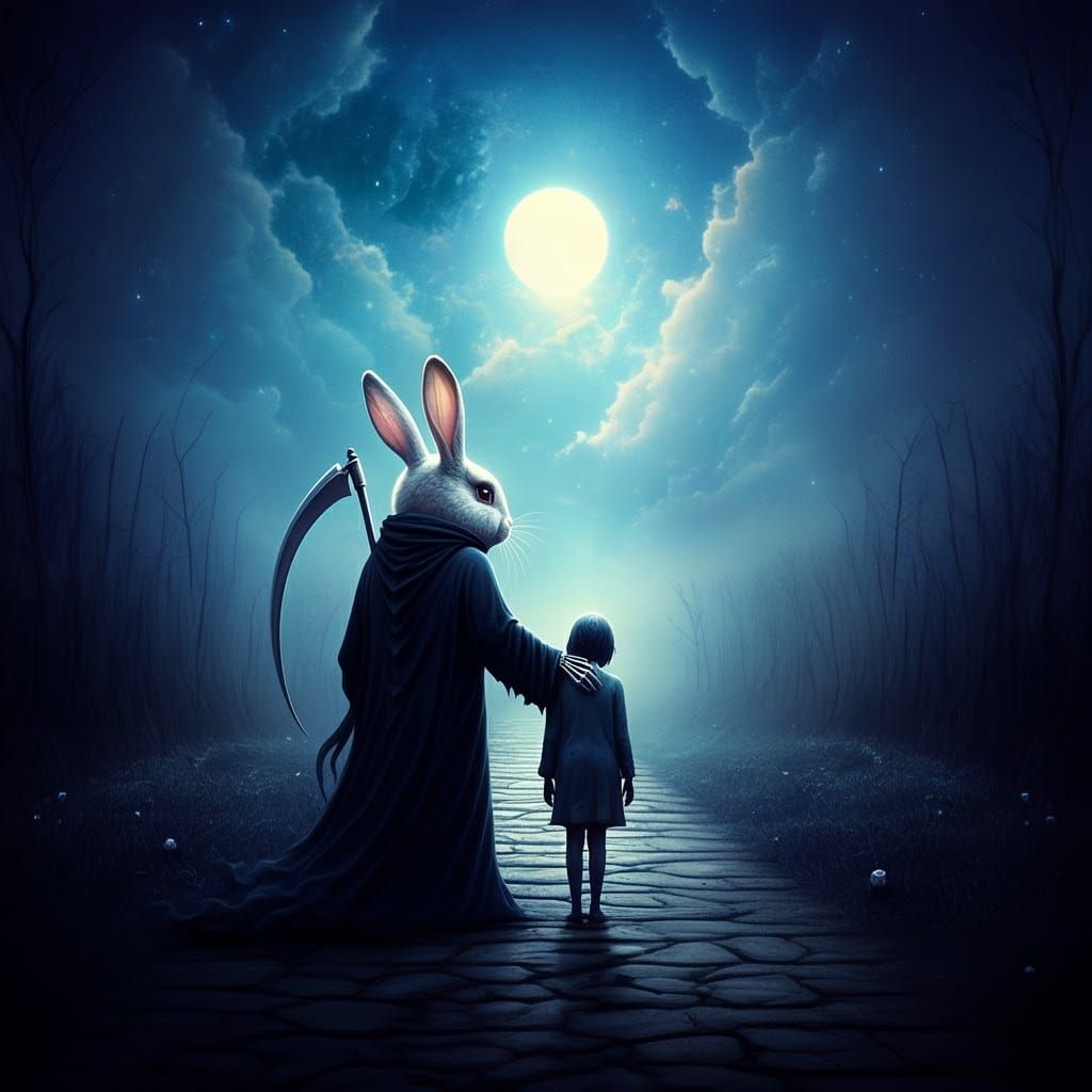 Bunny Grim Reaper Guides Soul in Dreamscape