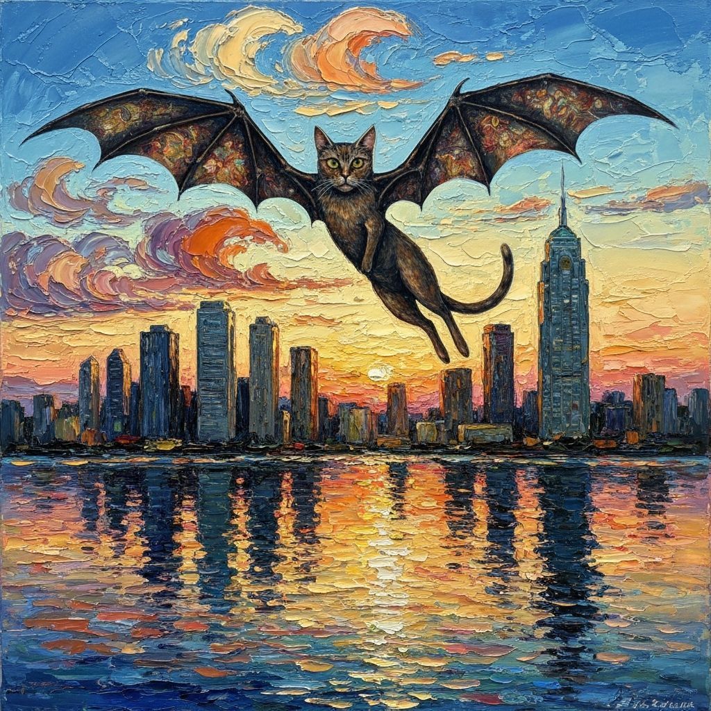 Bat-Winged Cat Soaring Over City: Impasto Oil