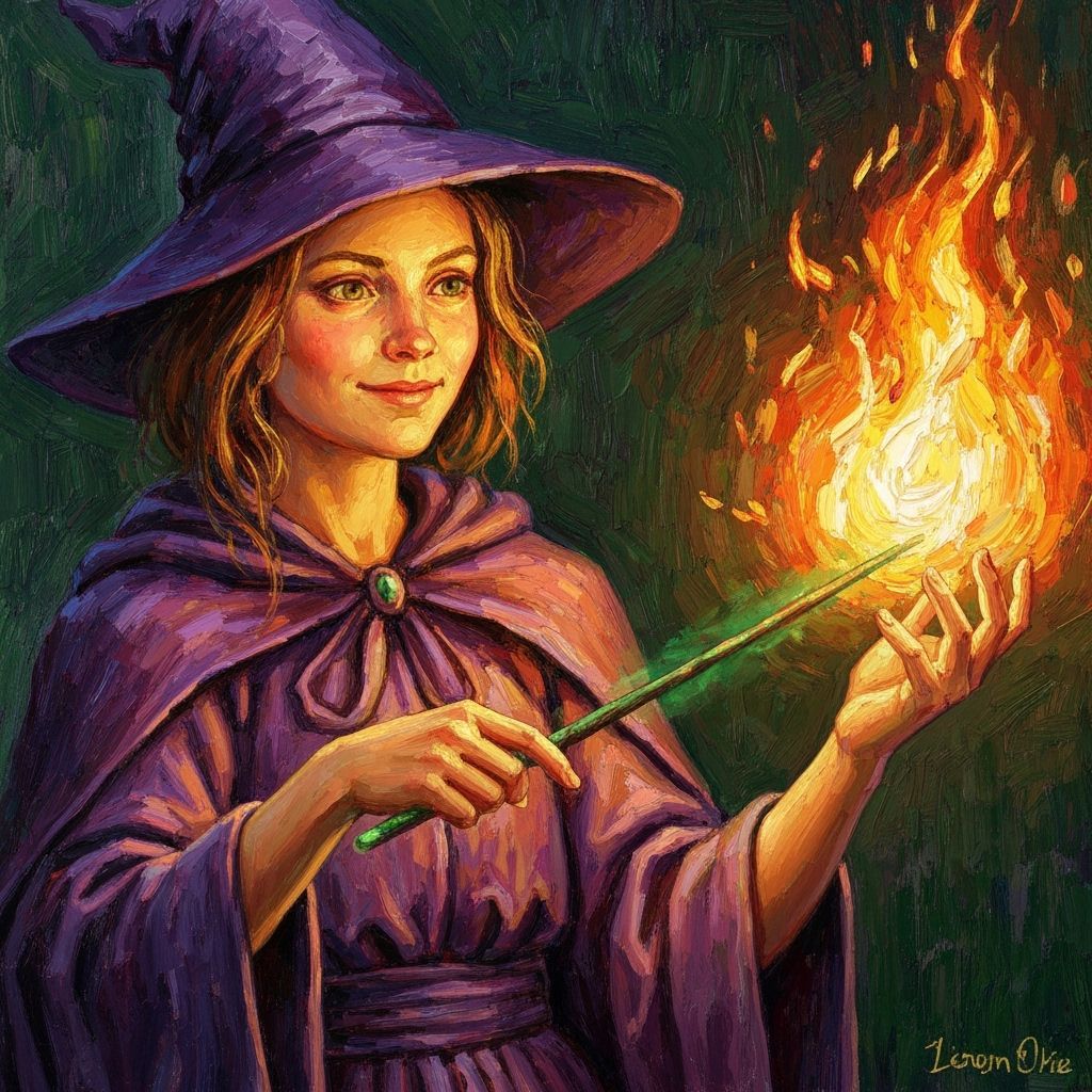 Witch Conjures Fiery Magic in Impasto Painting Style
