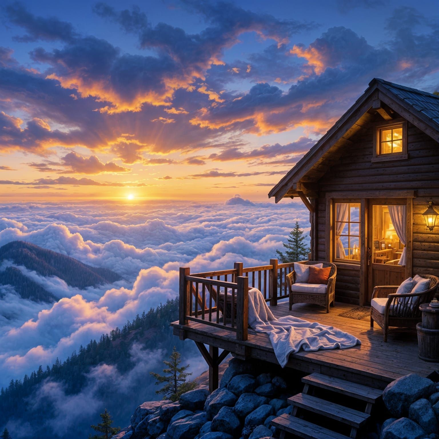 Cozy Mountain Cabin Above Clouds at Sunset