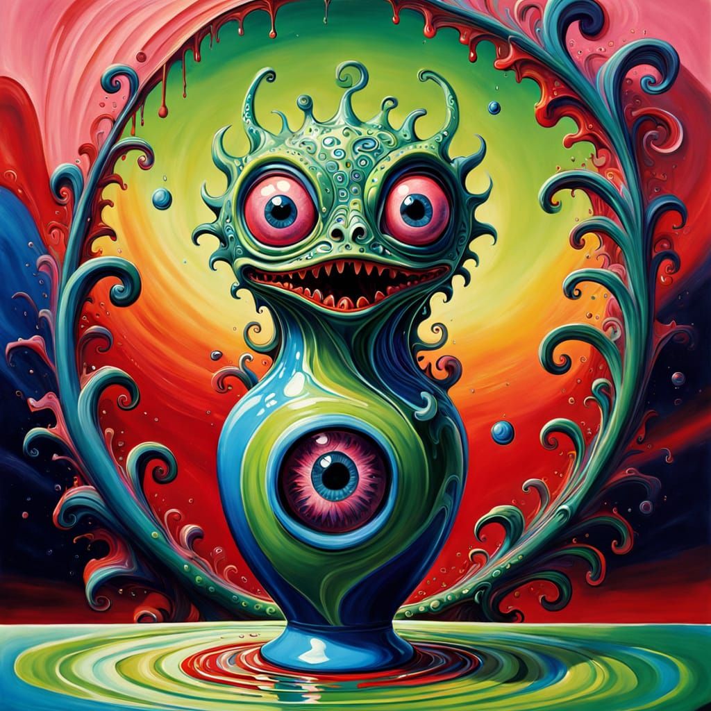 Surreal Dreamlike Alien Emerges from Vase in Vibrant Oil Pai...