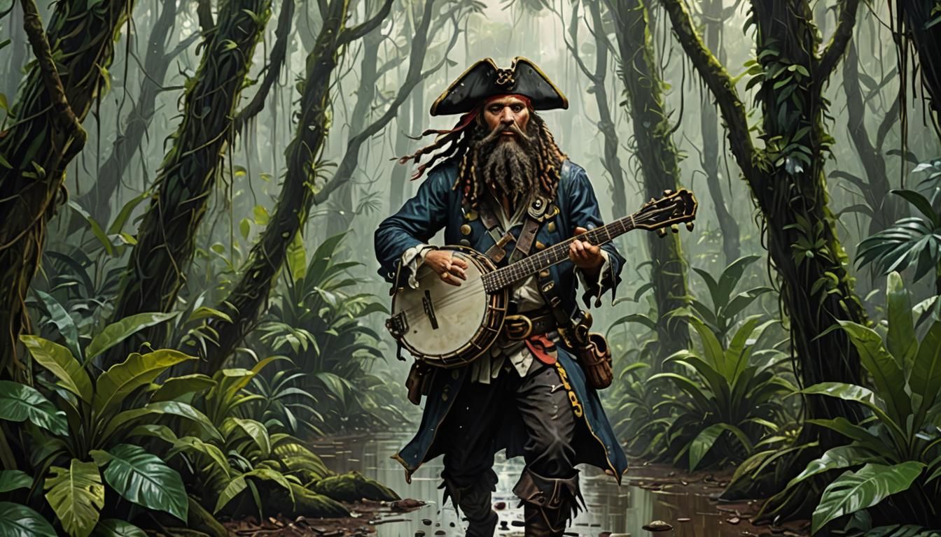 Pirate Banjo Player in Rainy Rainforest: Fantasy Art
