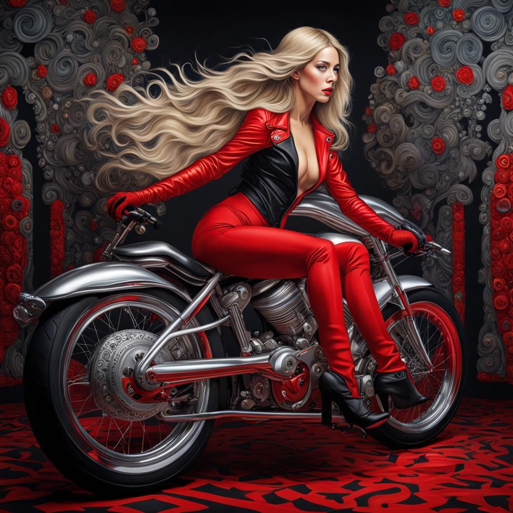 Woman on Bike in Klimt-Inspired Hyperrealism