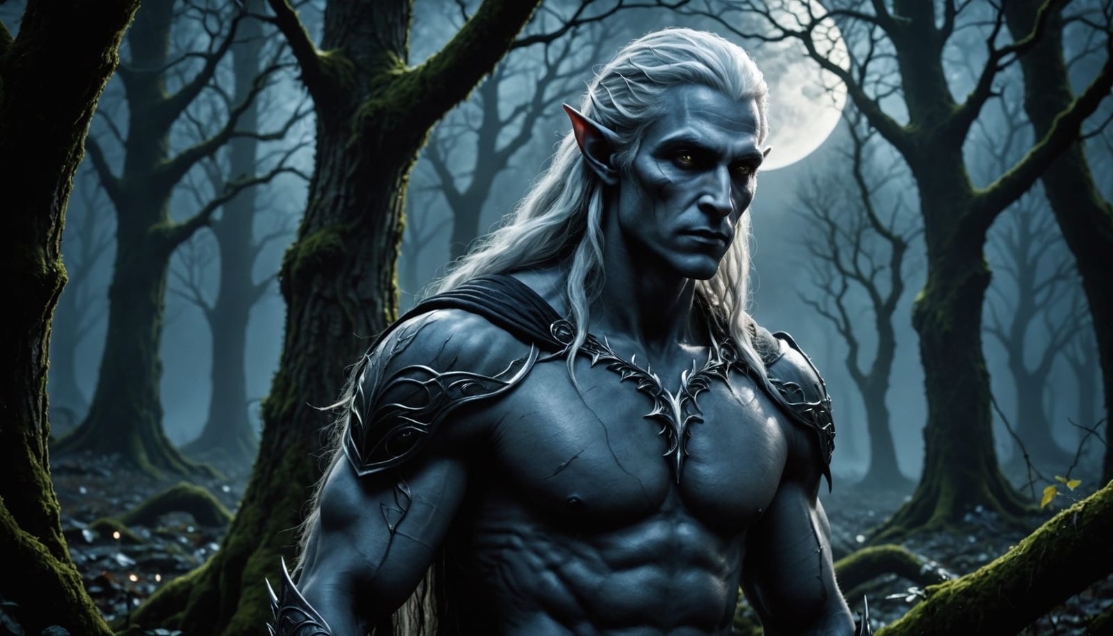 Brooding Drow Elf in Moonlit Forest