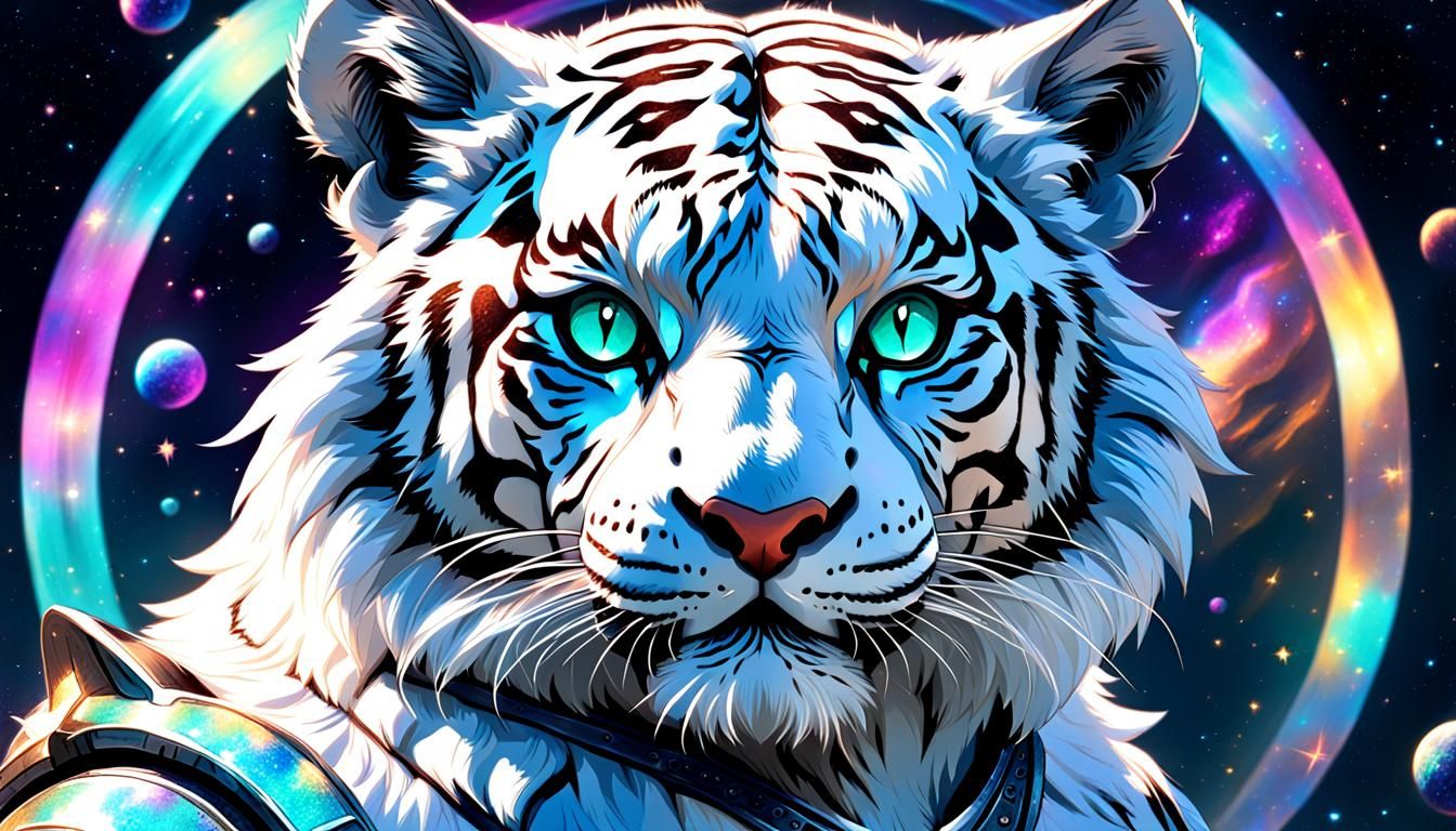Holographic Furry White Tiger Astral Illustration