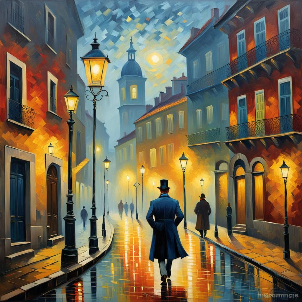 A Gentleman Strolls Through Lisbon's Misty Night in Neo-Impr...