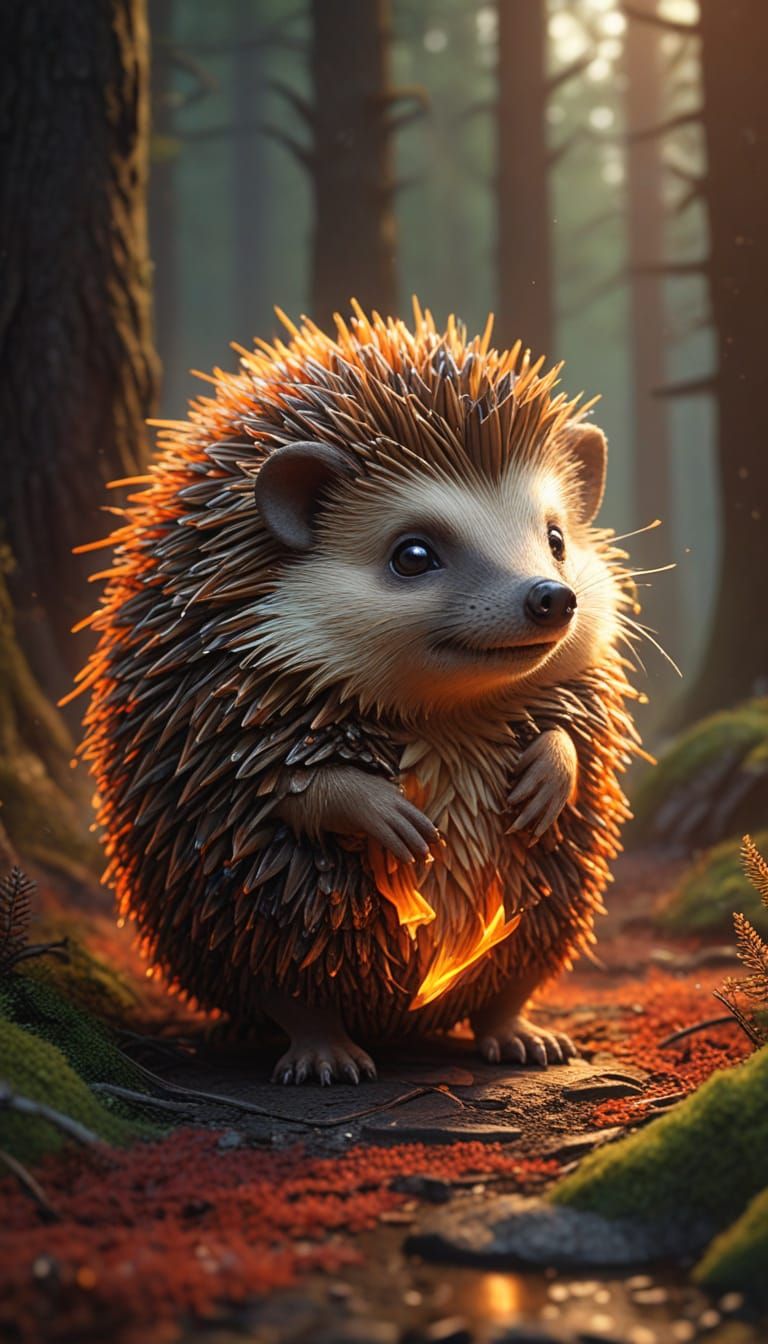 Cute Fire Hedgehog in Dark Forest Fantasy Art