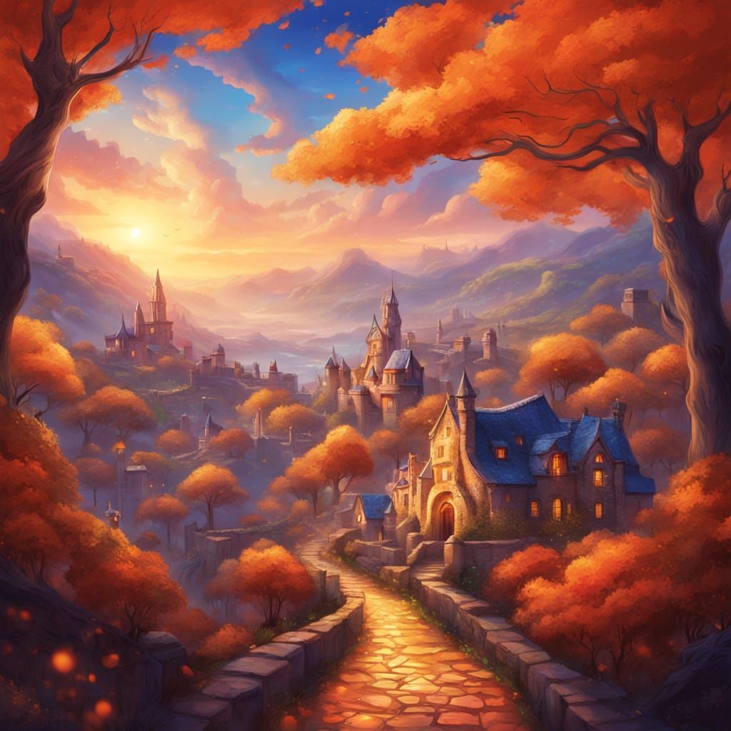 Fantastical Twilight City on Golden Hills