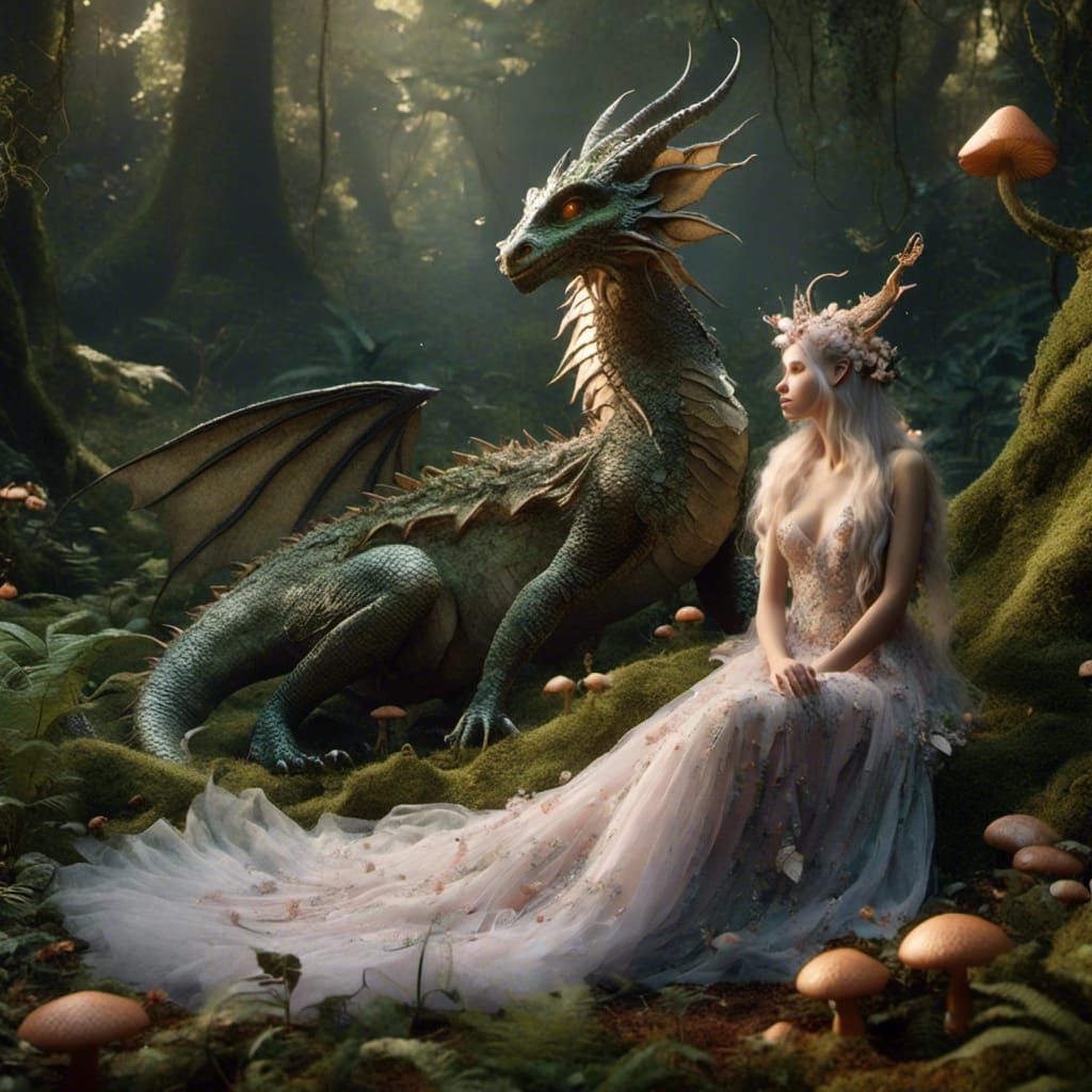 Faerie and Dragon in Forest Clearing