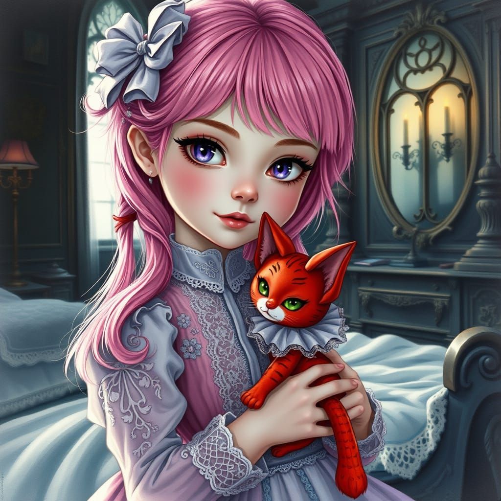 Victorian Girl with Cat Doll in Watercolor Style