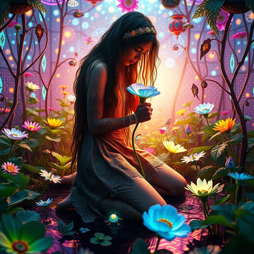 Enchanted Embroidered Figure in Vibrant Fantasy Plant Kingdo...