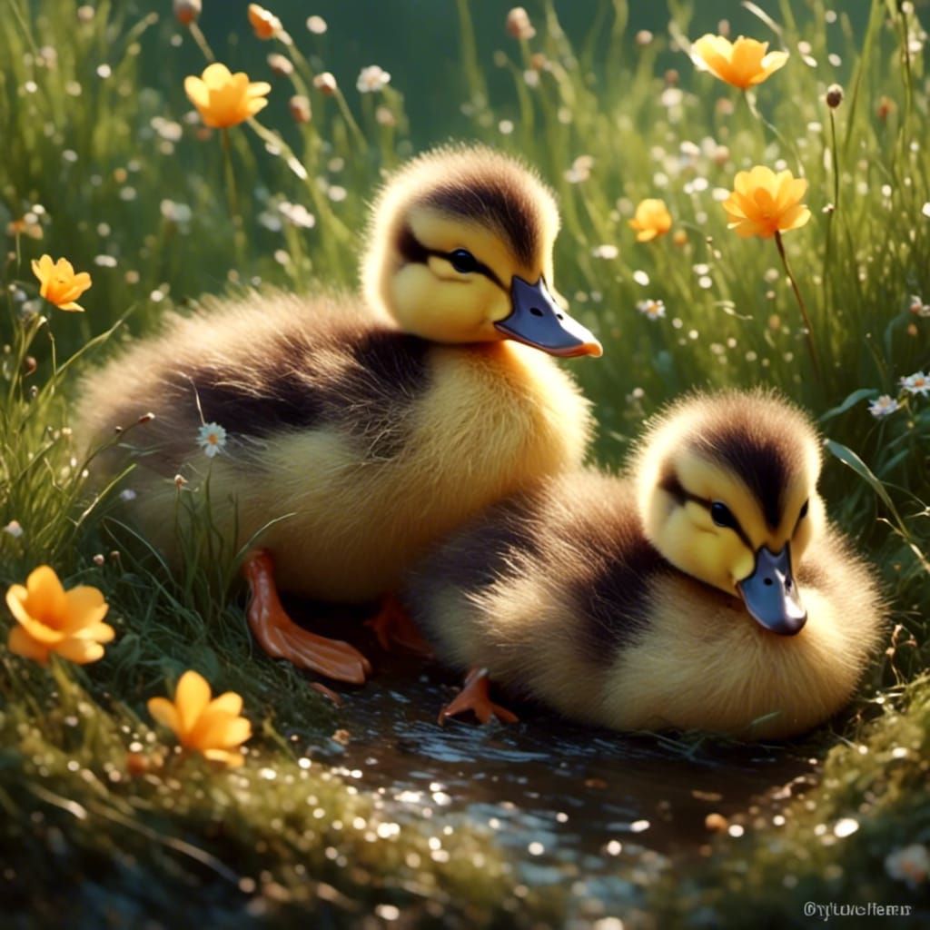 Cute Sleepy Ducklings in Realistic Style