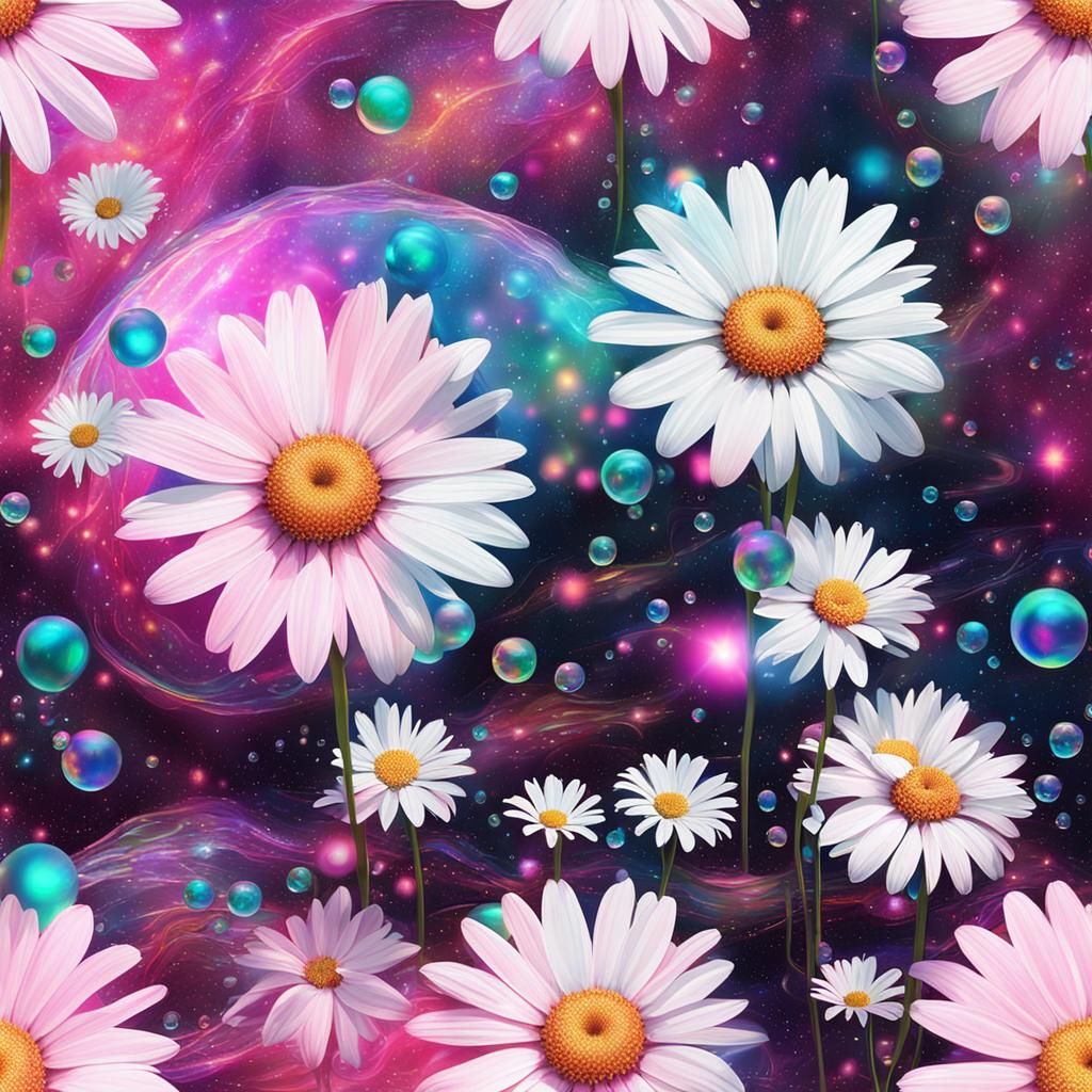 Pink Bubbles on White Daisies: Cosmic Illustration