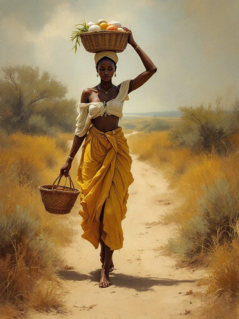 African Woman Walks Dusty Road with Fruit Basket