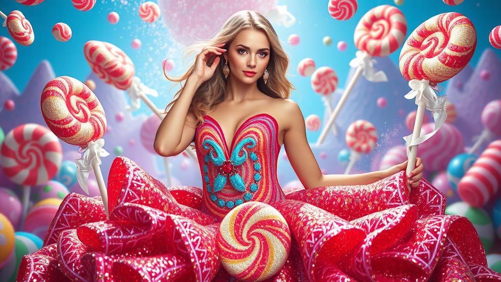 Candy Gown in a Surrealist Candyland Landscape