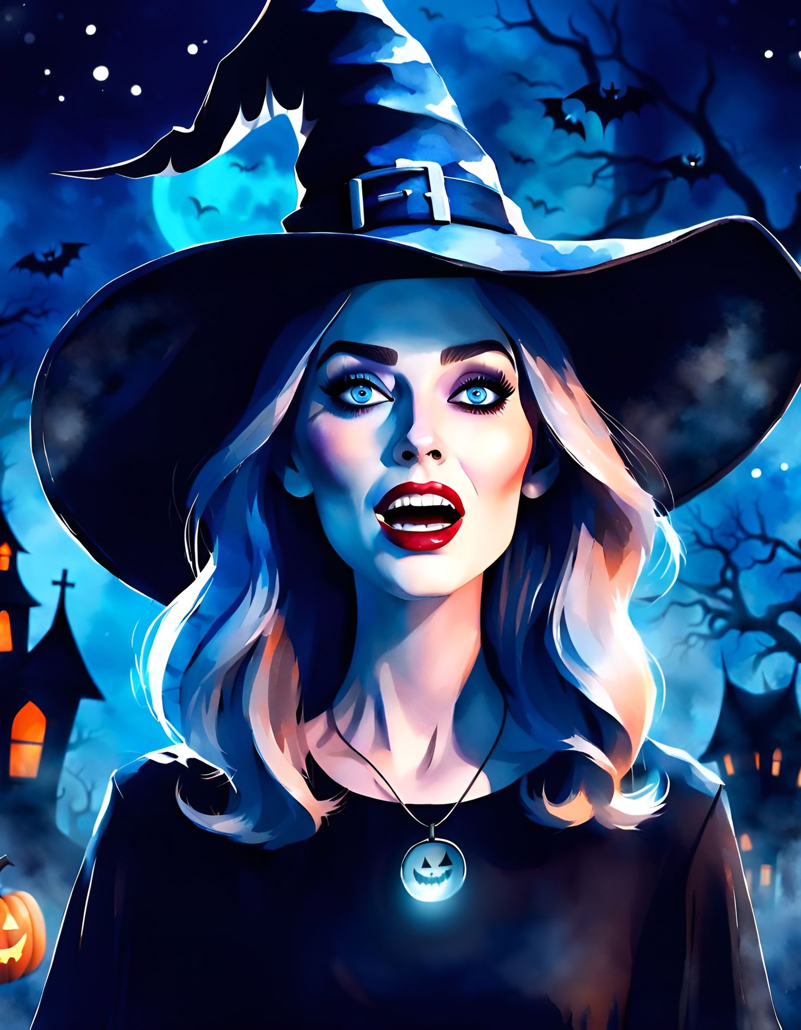 Halloween Witch Singing in Watercolor Style