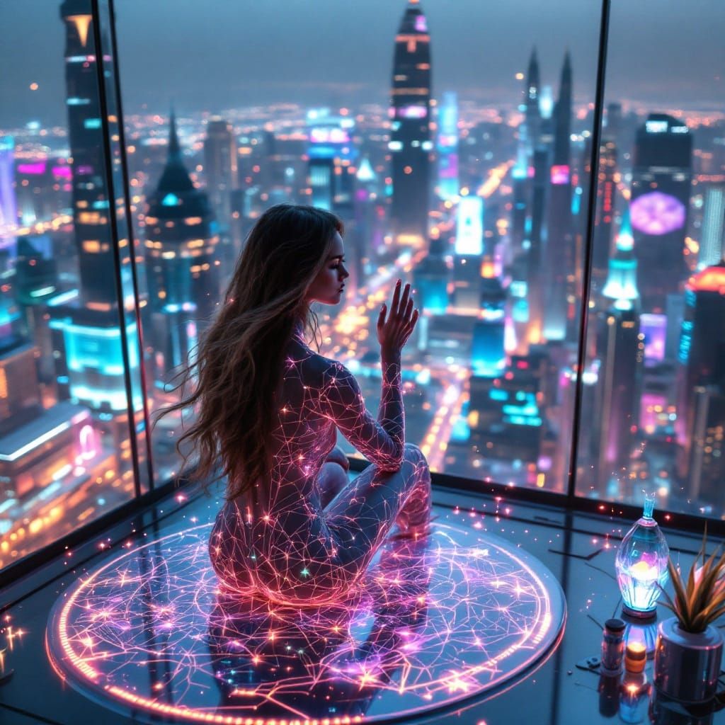 Elegant Futuristic Artist Creates in Luxury Skyscraper Studi...