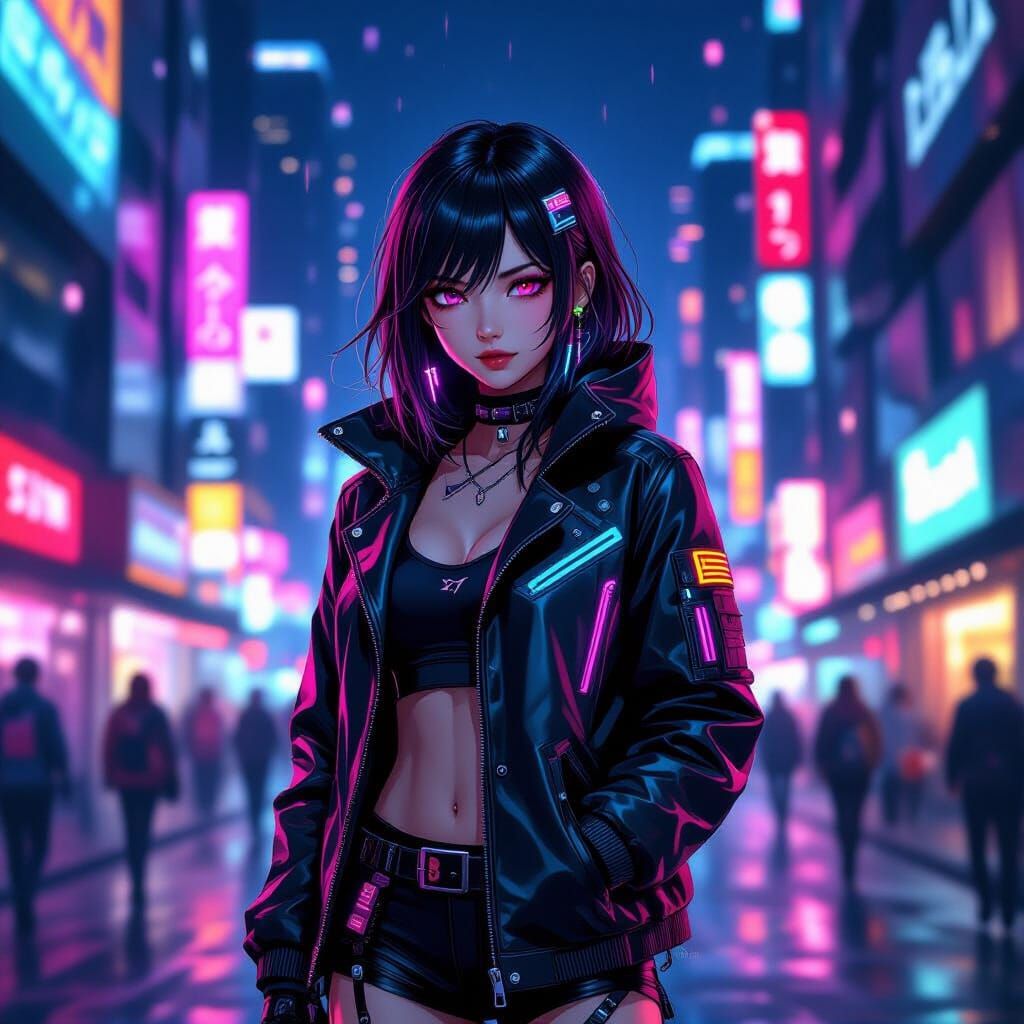 Cyberpunk Anime Girl in Neon Cityscape