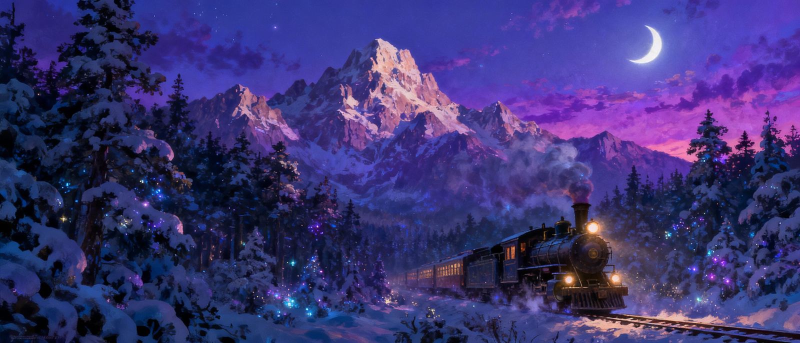 Old-fashioned steam locomotive in the Rocky Mountains.