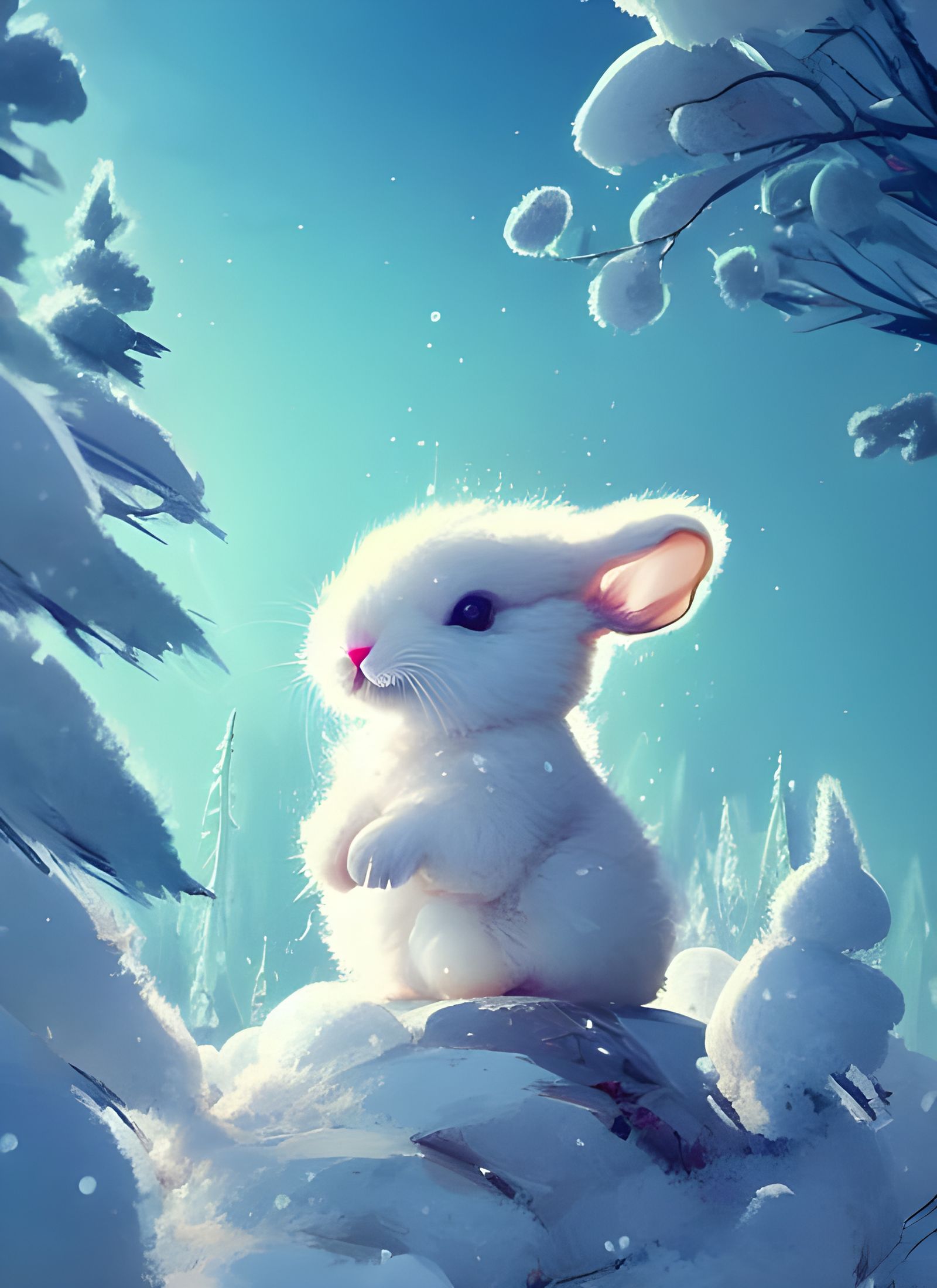 Baby Bunny on Icy Throne: Digital Art