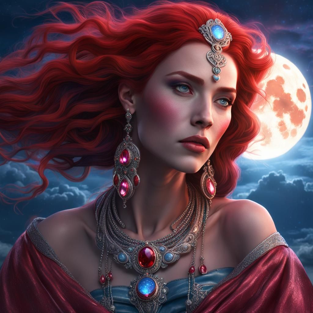 Goddess with Red Hair and Blue Corset, Digital Art