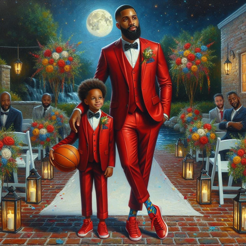 Father and Son Wedding Garden Portrait in Oil Painting Style